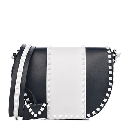 Valentino Garavani Vitello Colorblock Large Free Rockstud Halfmoon Saddle Bag Marine White 1 of 17