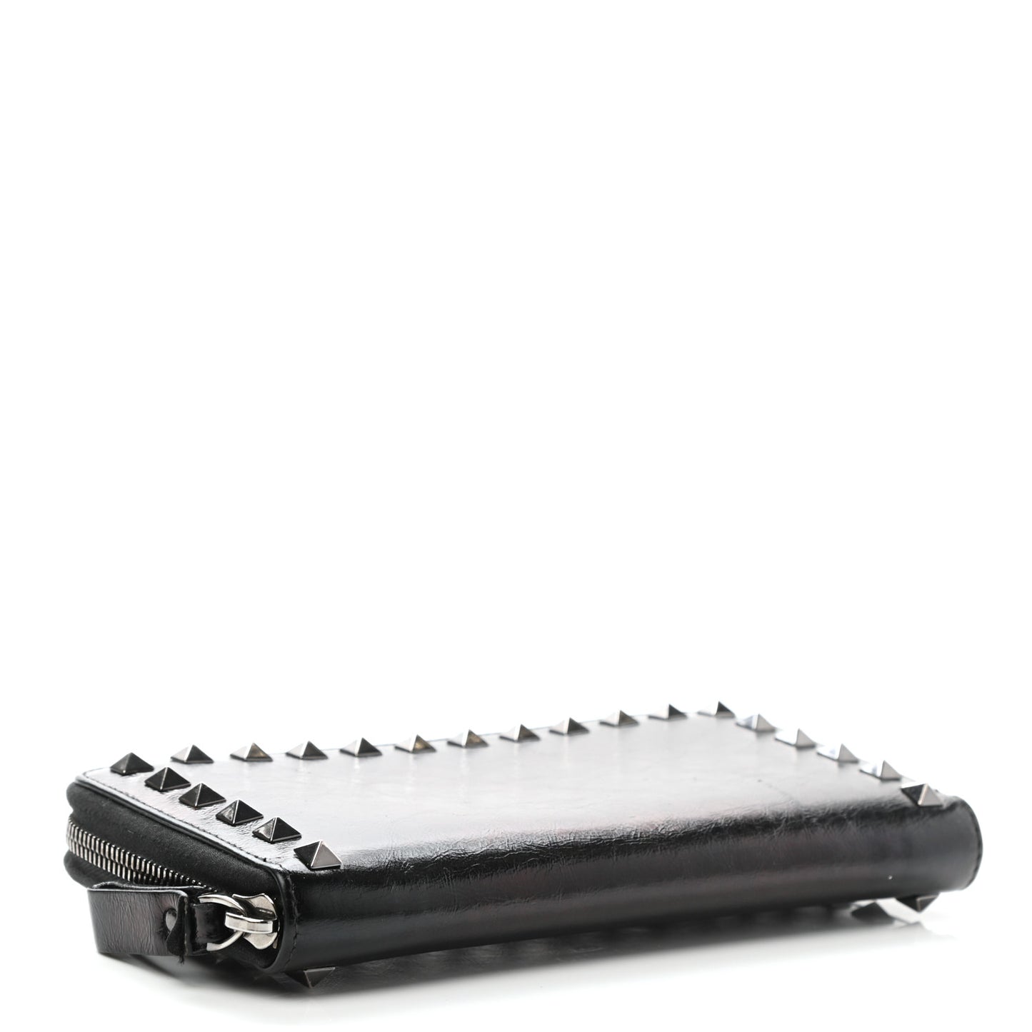 Craquele Calfskin Rockstud Zip Around Wallet Black
