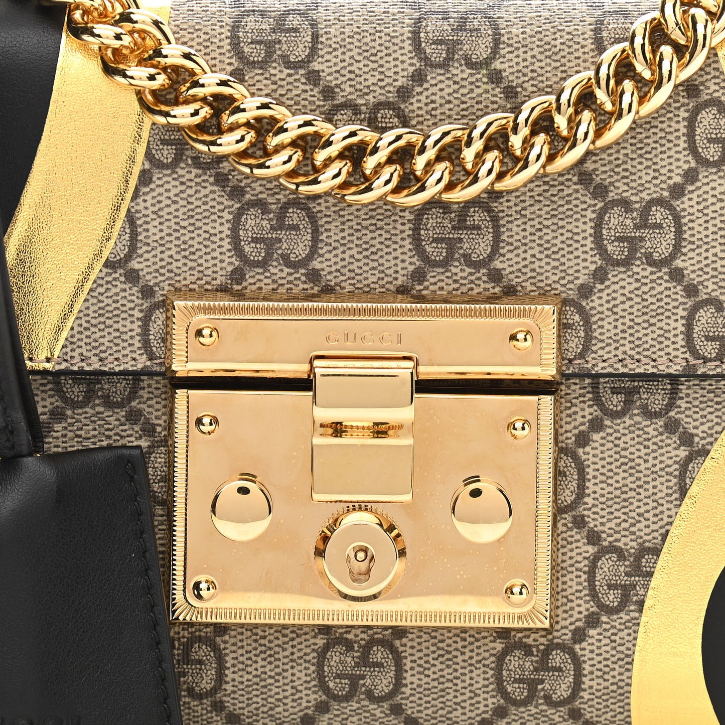 Calfskin GG Supreme Monogram Small Padlock Shoulder Bag Black Gold