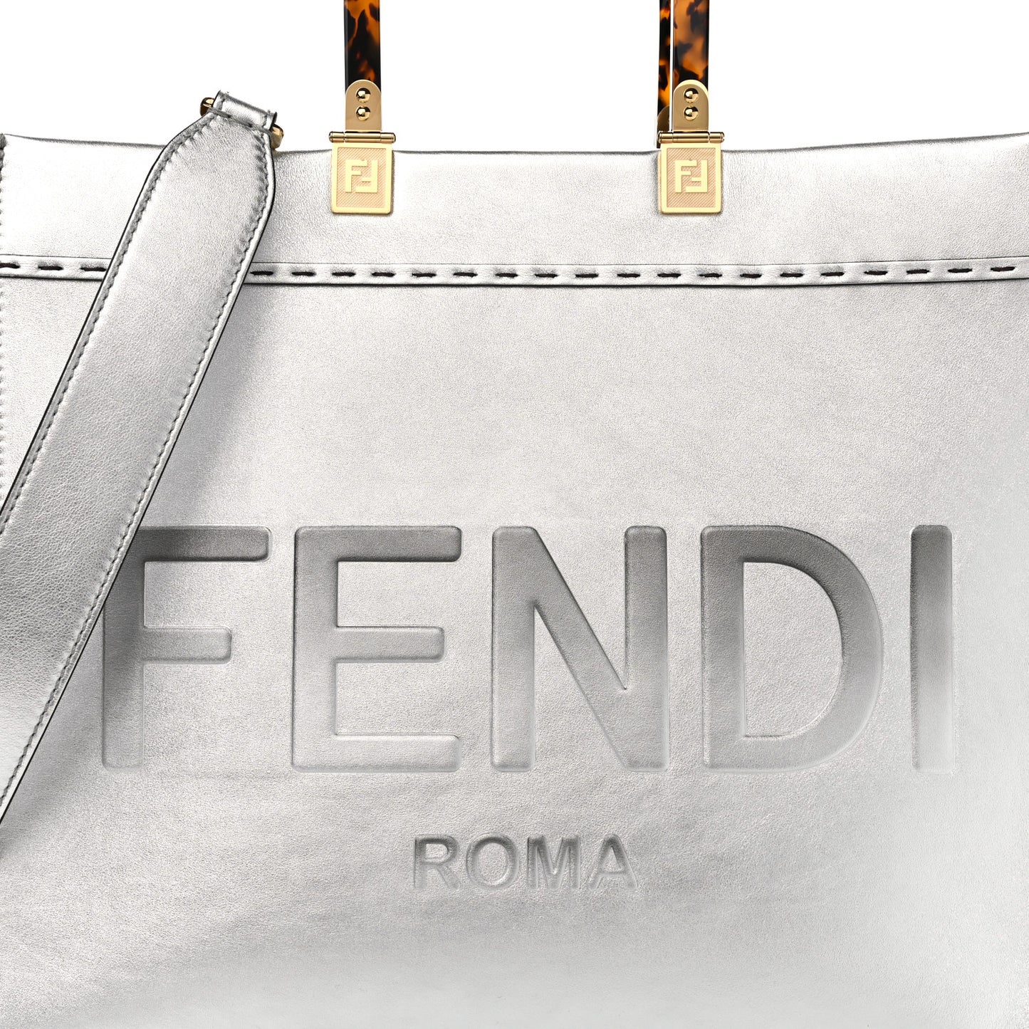 Vitello Catalan Mirror Plexiglass Logo Embossed Medium Fendi Sunshine Shopper Tote Argento