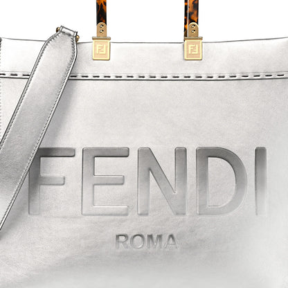 Fendi Vitello Catalan Mirror Plexiglass Logo Embossed Medium Fendi Sunshine Shopper Tote Argento 8 of 10