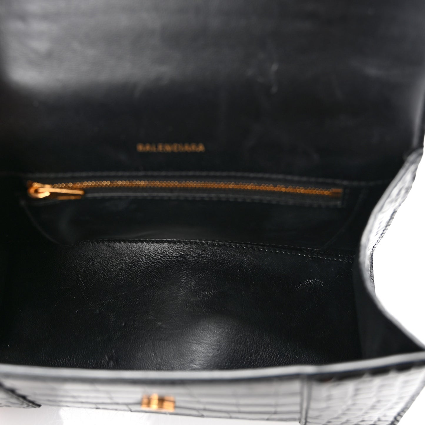 Shiny Calfskin Crocodile Embossed Small Hourglass Top Handle Bag Black