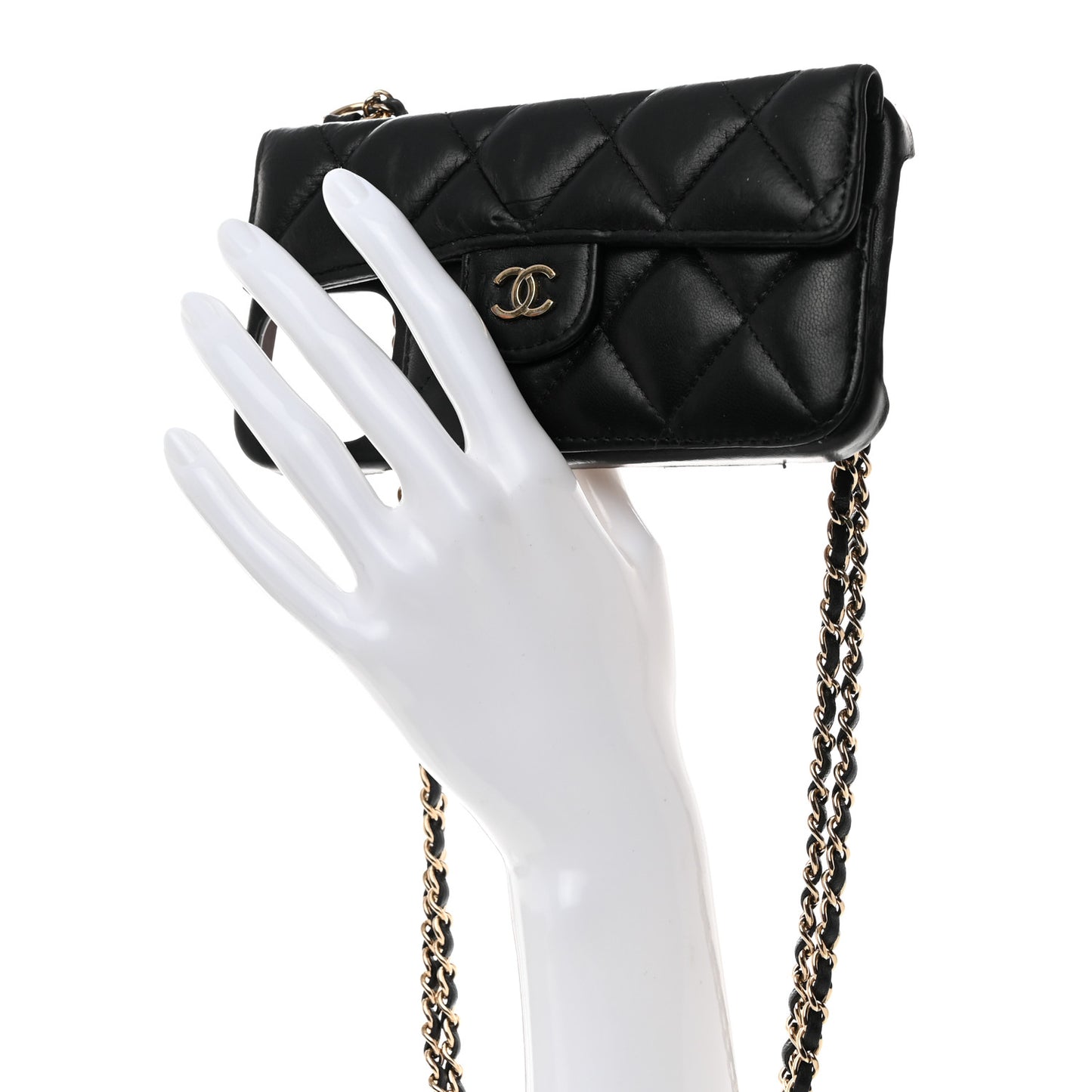 Lambskin Quilted Pearl Crush iPhone XII Pro Holder With Chain Black