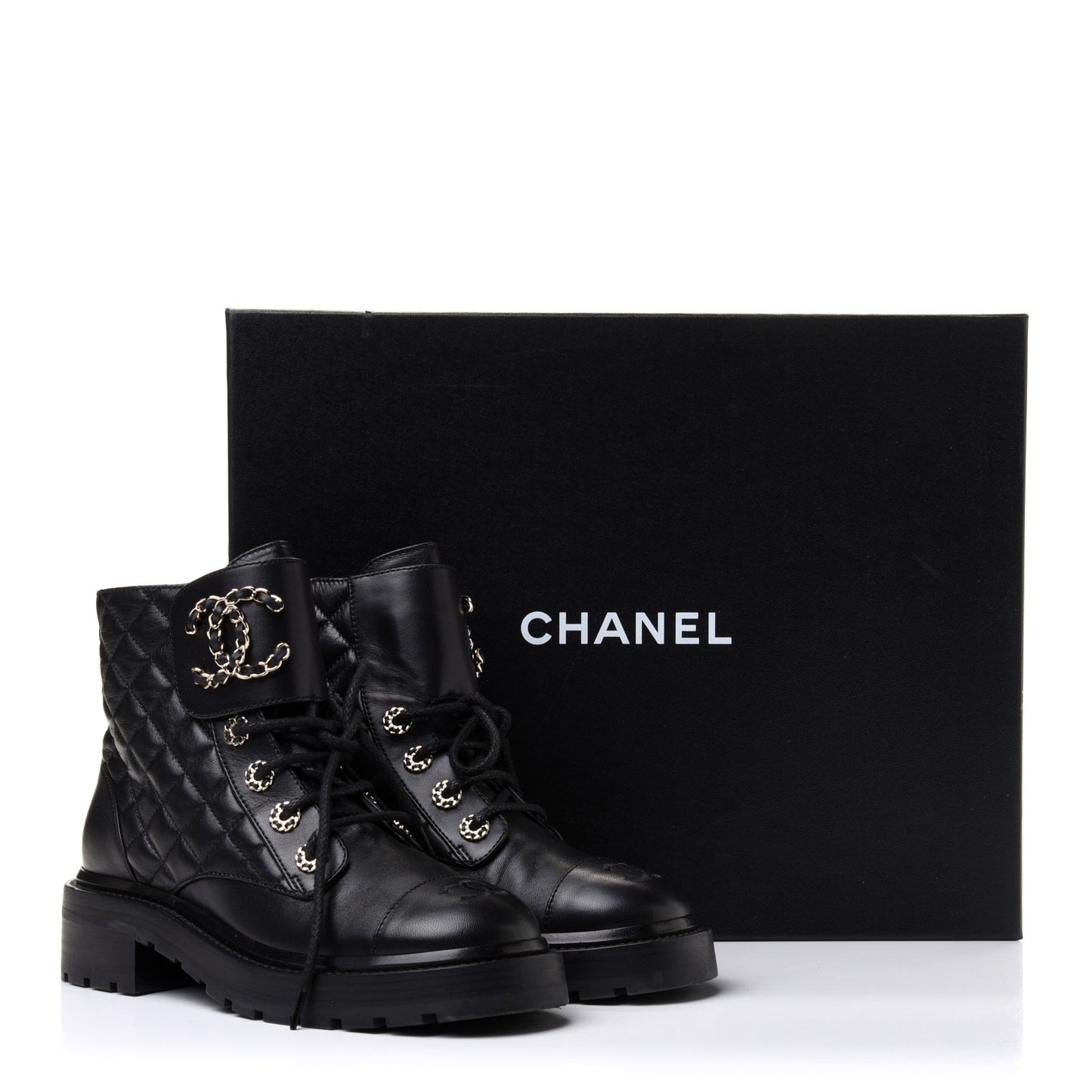 Shiny Lambskin Quilted Lace Up Combat Boots 36 Black
