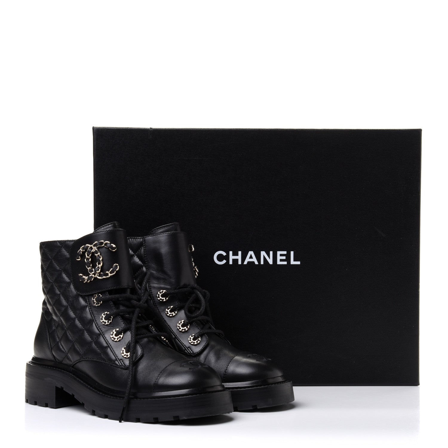 Chanel Shiny Lambskin Quilted Lace Up Combat Boots 36 Black 10 of 10
