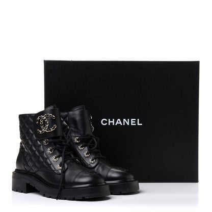 Chanel Shiny Lambskin Quilted Lace Up Combat Boots 36 Black 10 of 10