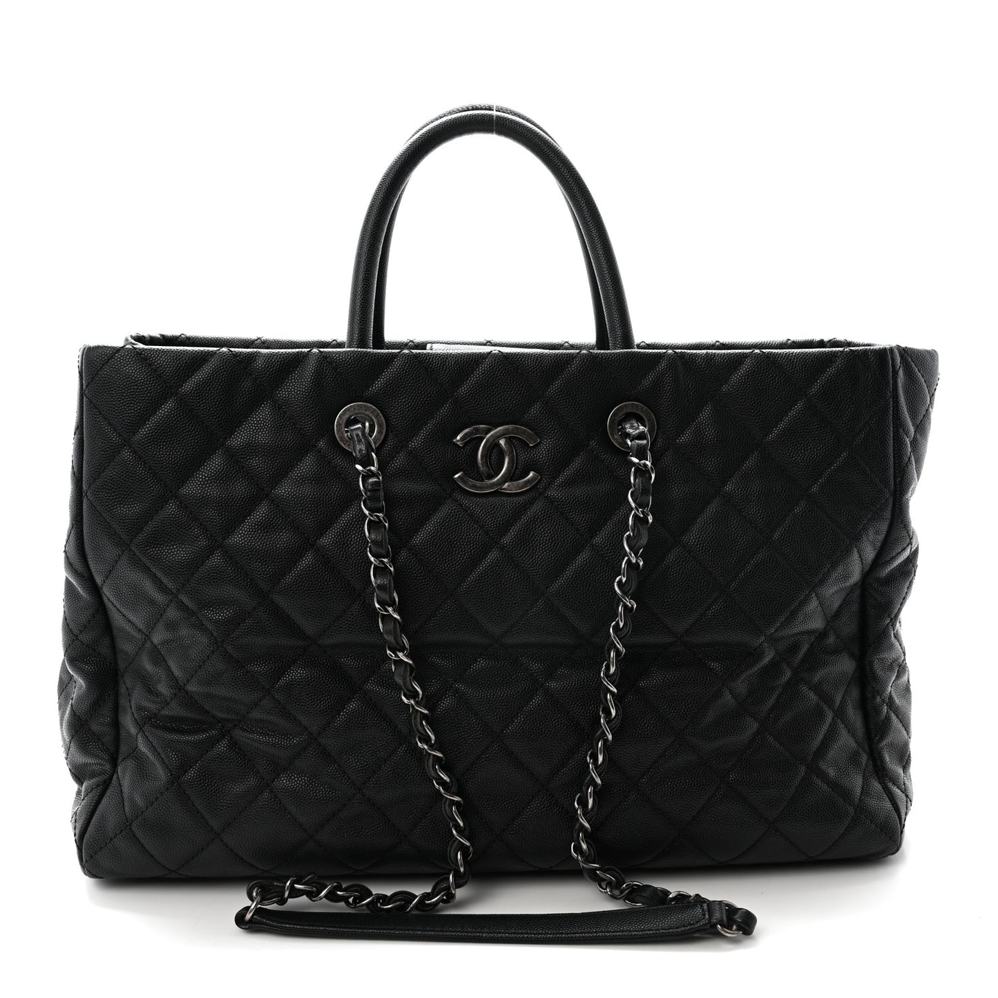 Caviar Quilted Large Coco Handle Shopping Tote Black