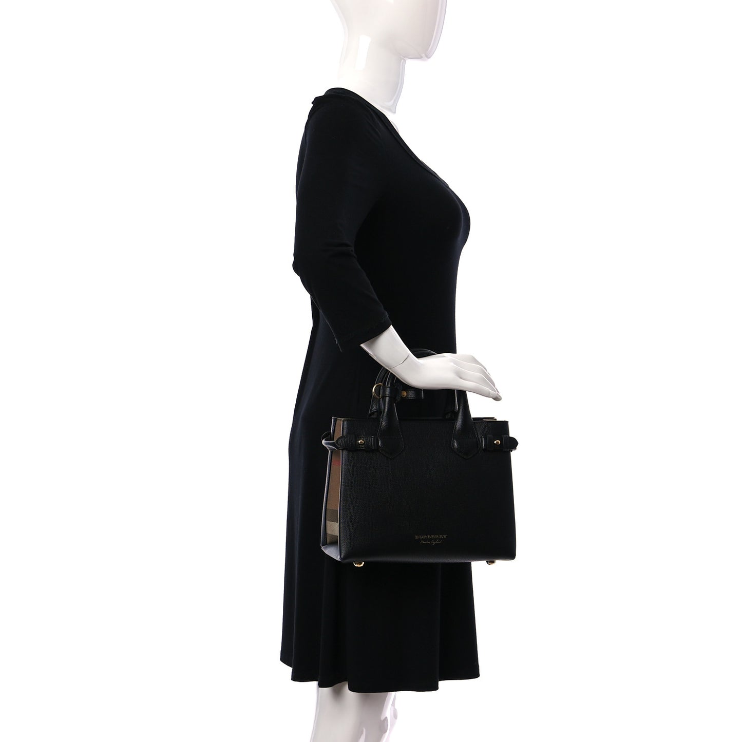 Grainy Calfskin House Check Small Banner Tote Black