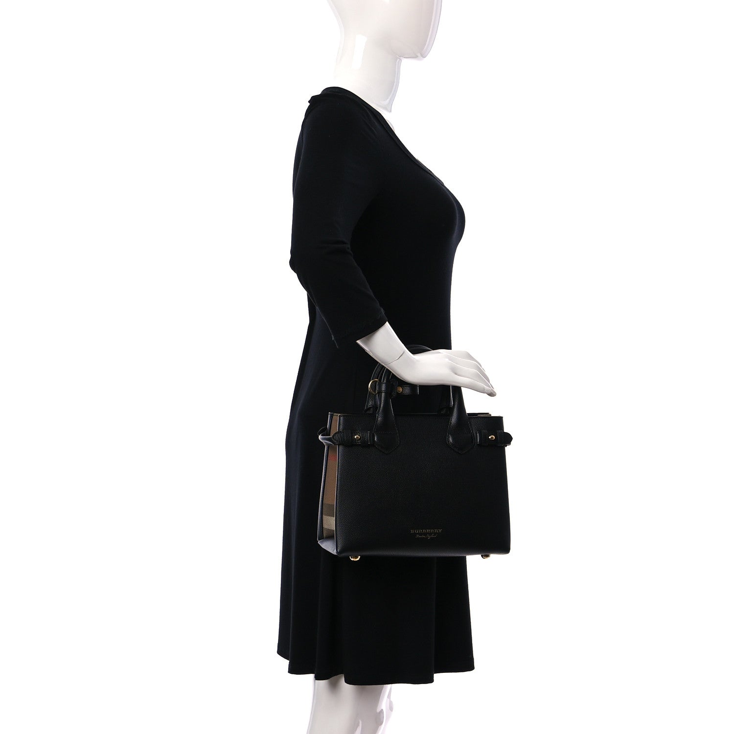 Burberry Grainy Calfskin House Check Small Banner Tote Black 2 of 13