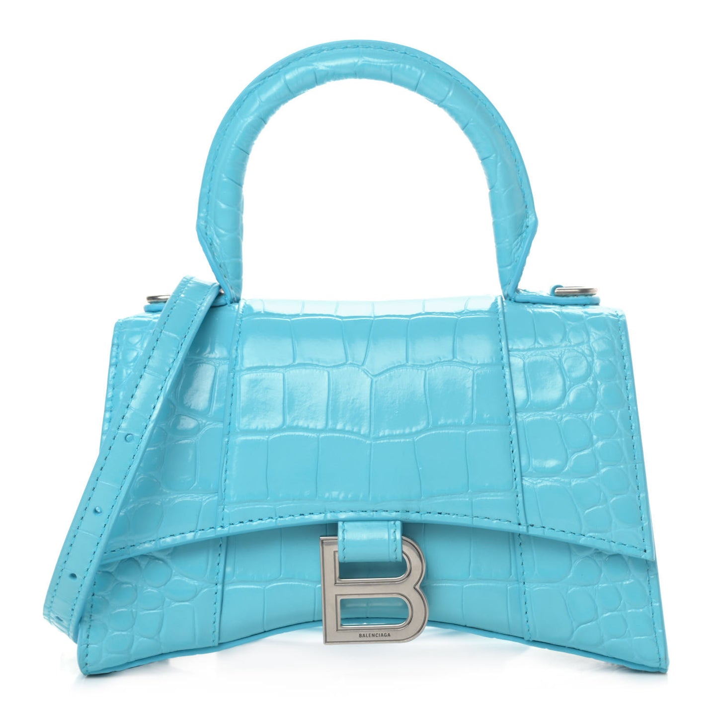 Shiny Calfskin Crocodile Embossed Hourglass Top Handle Bag XS Azur