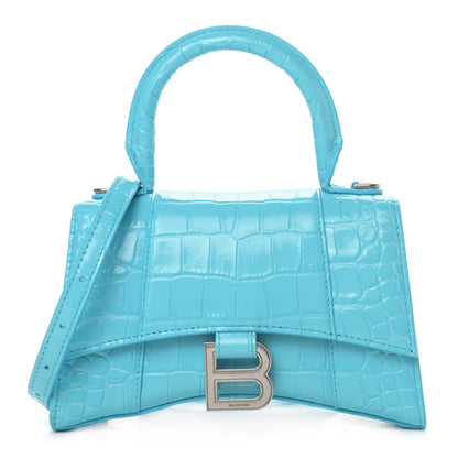 Balenciaga Shiny Calfskin Crocodile Embossed Hourglass Top Handle Bag XS Azur 1 of 5