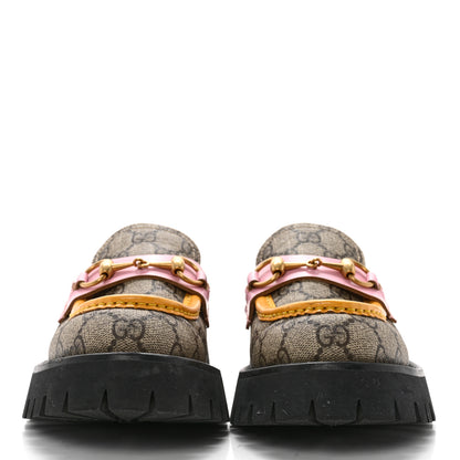 Gucci GG Supreme Monogram Cordovan Lux Womens Harald Horsebit 25mm Platform Loafers 37.5 Beige Sugar Pink Crop Shine Purple Marine 2 of 11