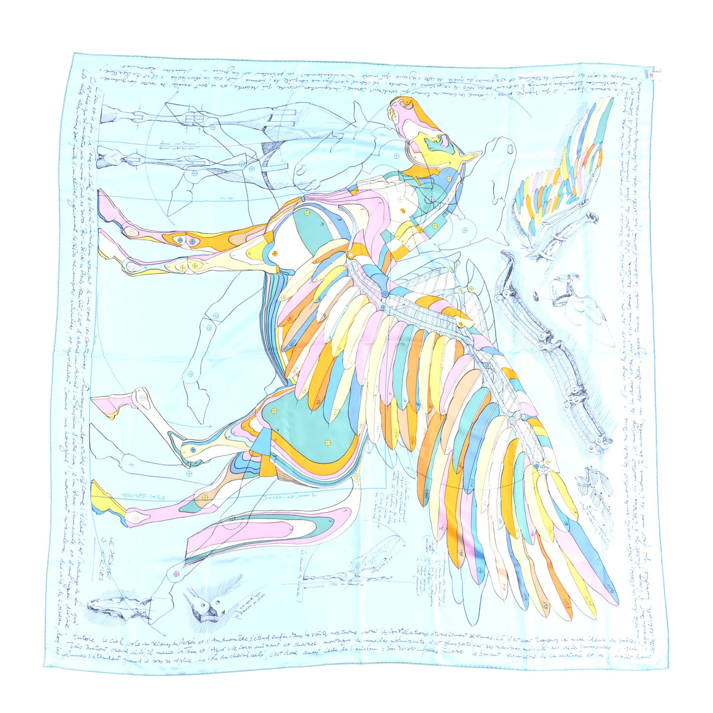 Silk Le Pegase d'Hermes 140 Scarf  Bleu Ciel Orange Cuit