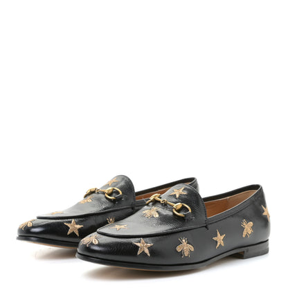 Gucci Goatskin Bee Star Embroidered Womens Jordaan Loafers 37.5 Black 2 of 7