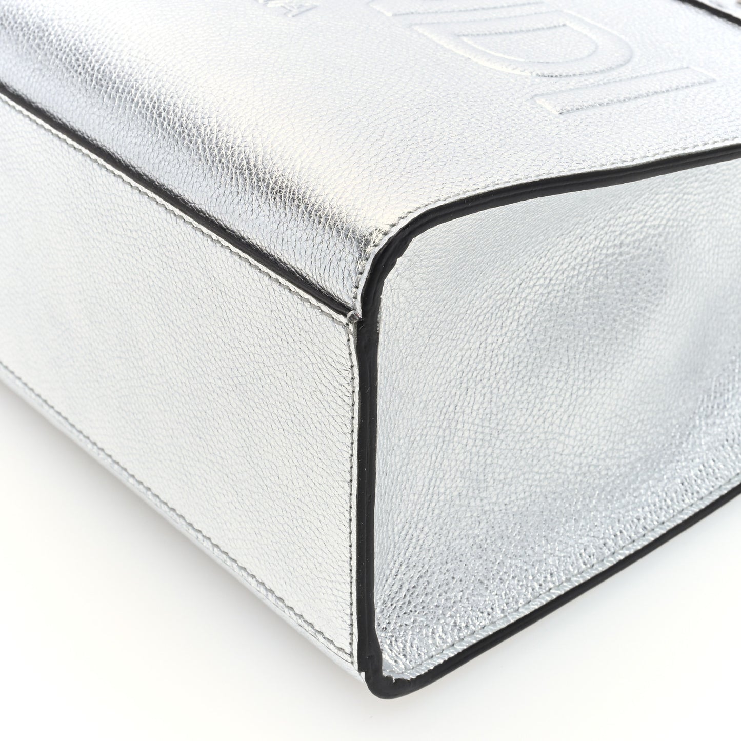 Metallic Calfskin Logo Embossed Small Fendi Sunshine Shopper Tote Argento