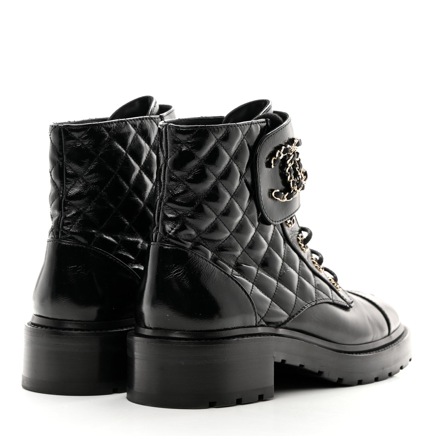 Shiny Lambskin Quilted Lace Up Combat Boots 40 Black