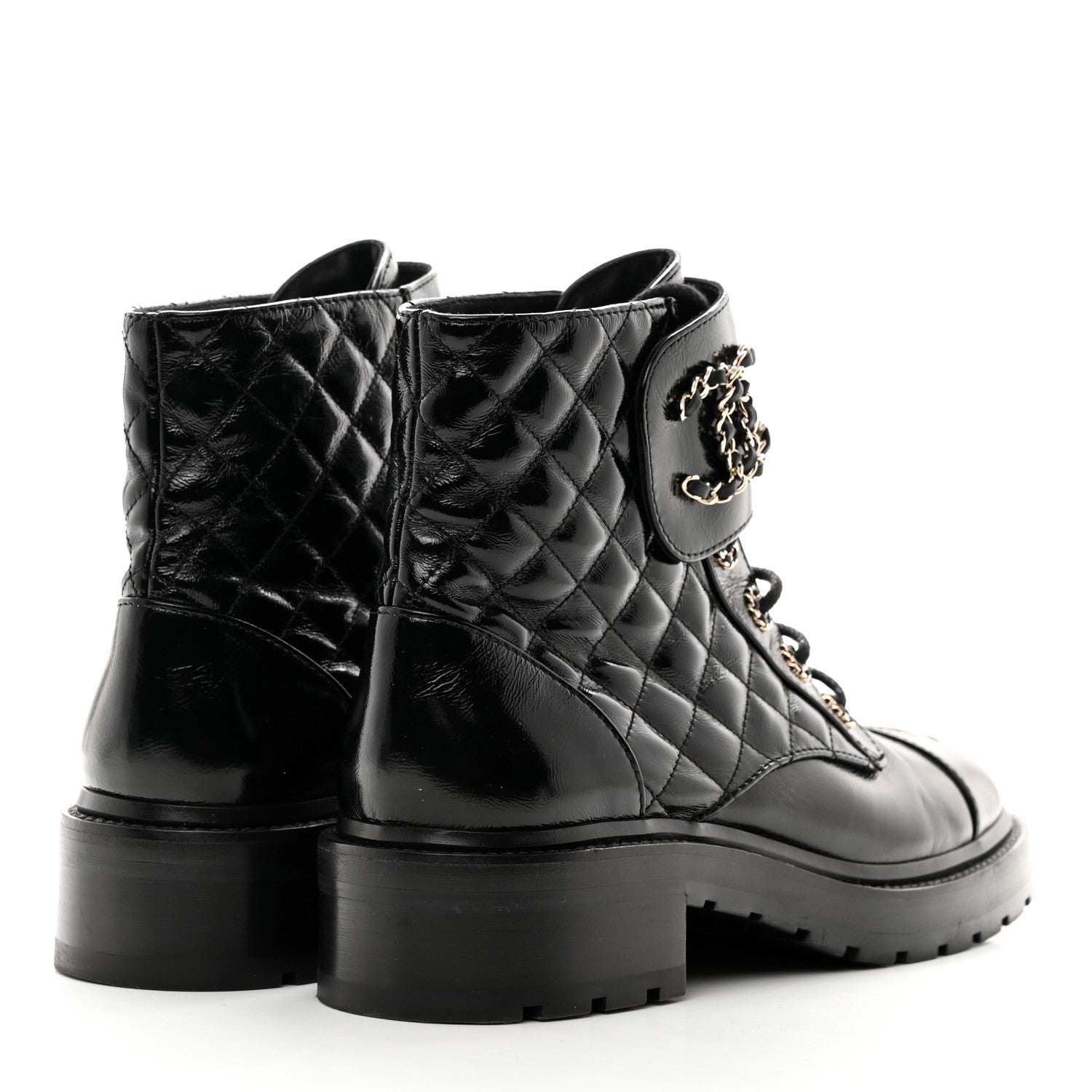 Chanel Shiny Lambskin Quilted Lace Up Combat Boots 40 Black 4 of 8