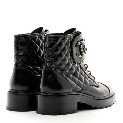 Chanel Shiny Lambskin Quilted Lace Up Combat Boots 40 Black 4 of 8