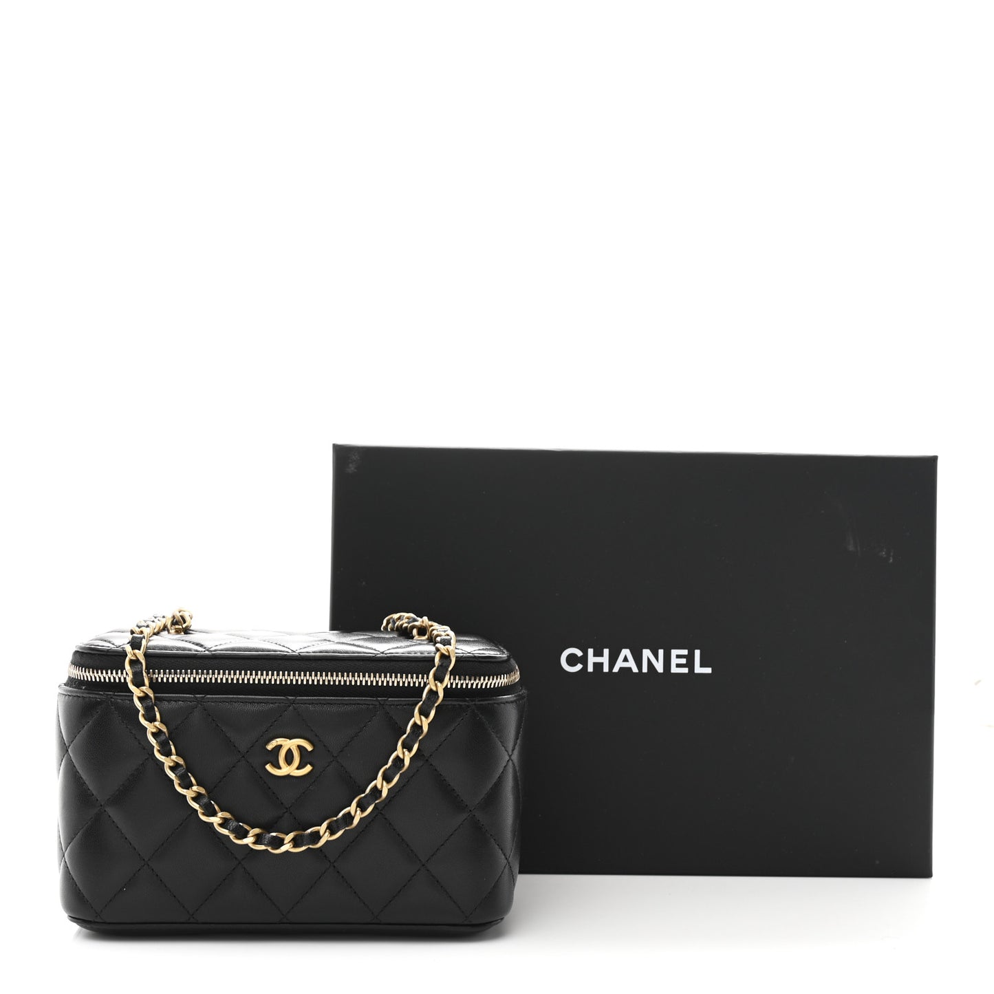 Lambskin Quilted Pearl Crush Small Vanity Case With Chain Black