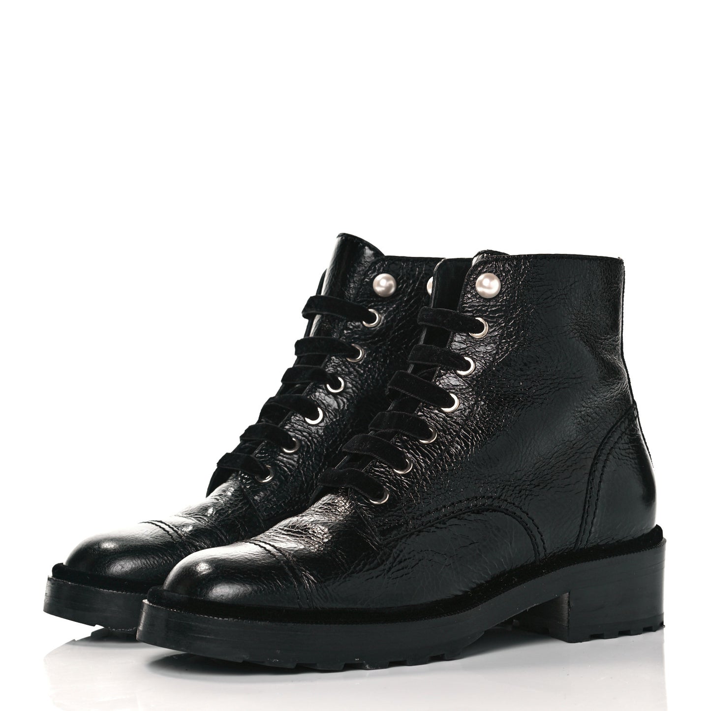 Shiny Calfskin Velvet Pearl Combat Short Boots 39.5 Black