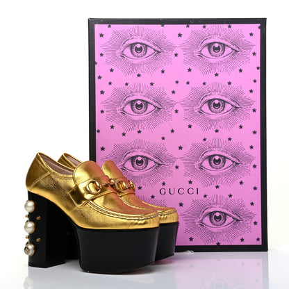 Gucci Malaga Kid Pearl Studded Vegas Platform Loafers 36 Gold 10 of 10