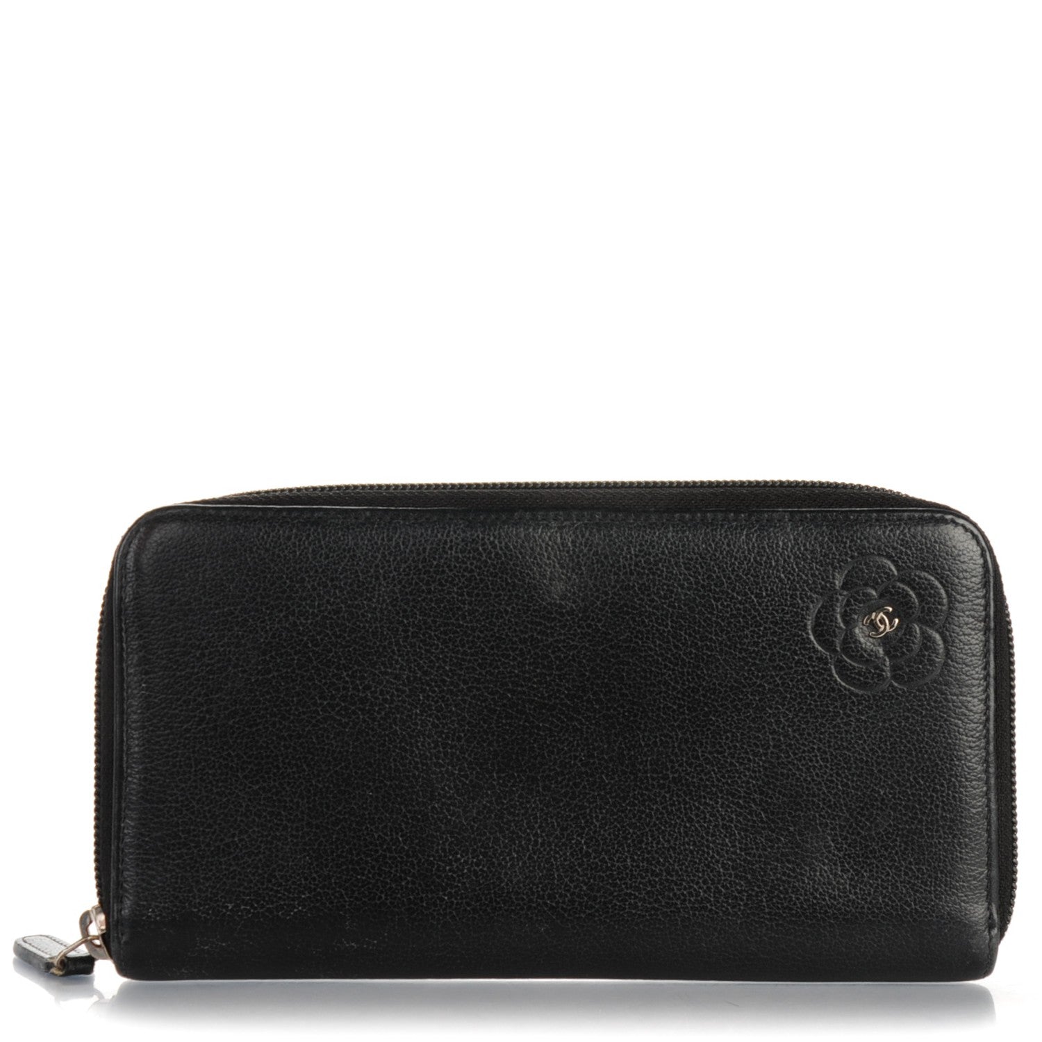 Chanel Goatskin Camellia Embossed Zip Around Wallet Black 1 of 10