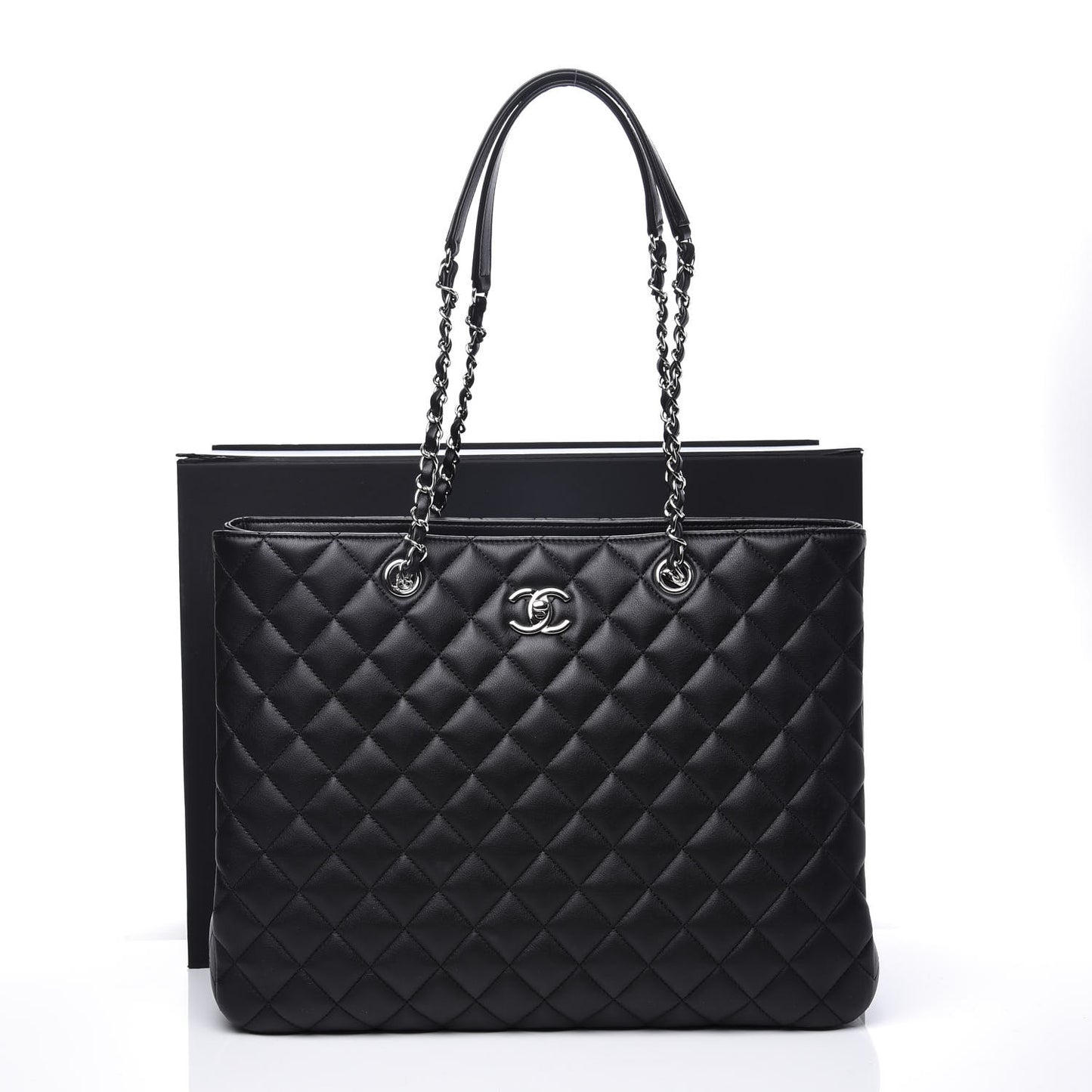 Calfskin Quilted Large CC Shopping Tote Black