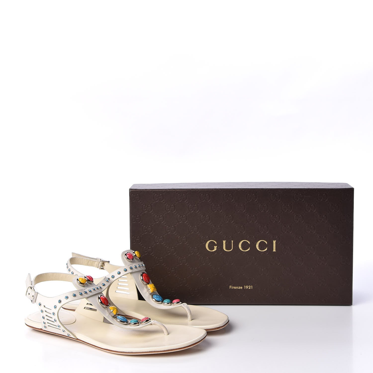 Gucci Calfskin Jeweled Thong Sandals 38.5 Off White 13 of 13