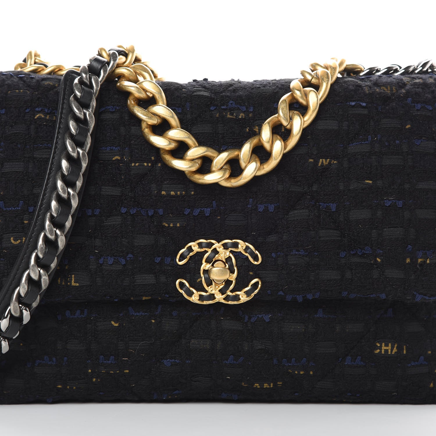 Chanel Tweed Quilted Large 19 Flap Black Navy Gold 8 of 11
