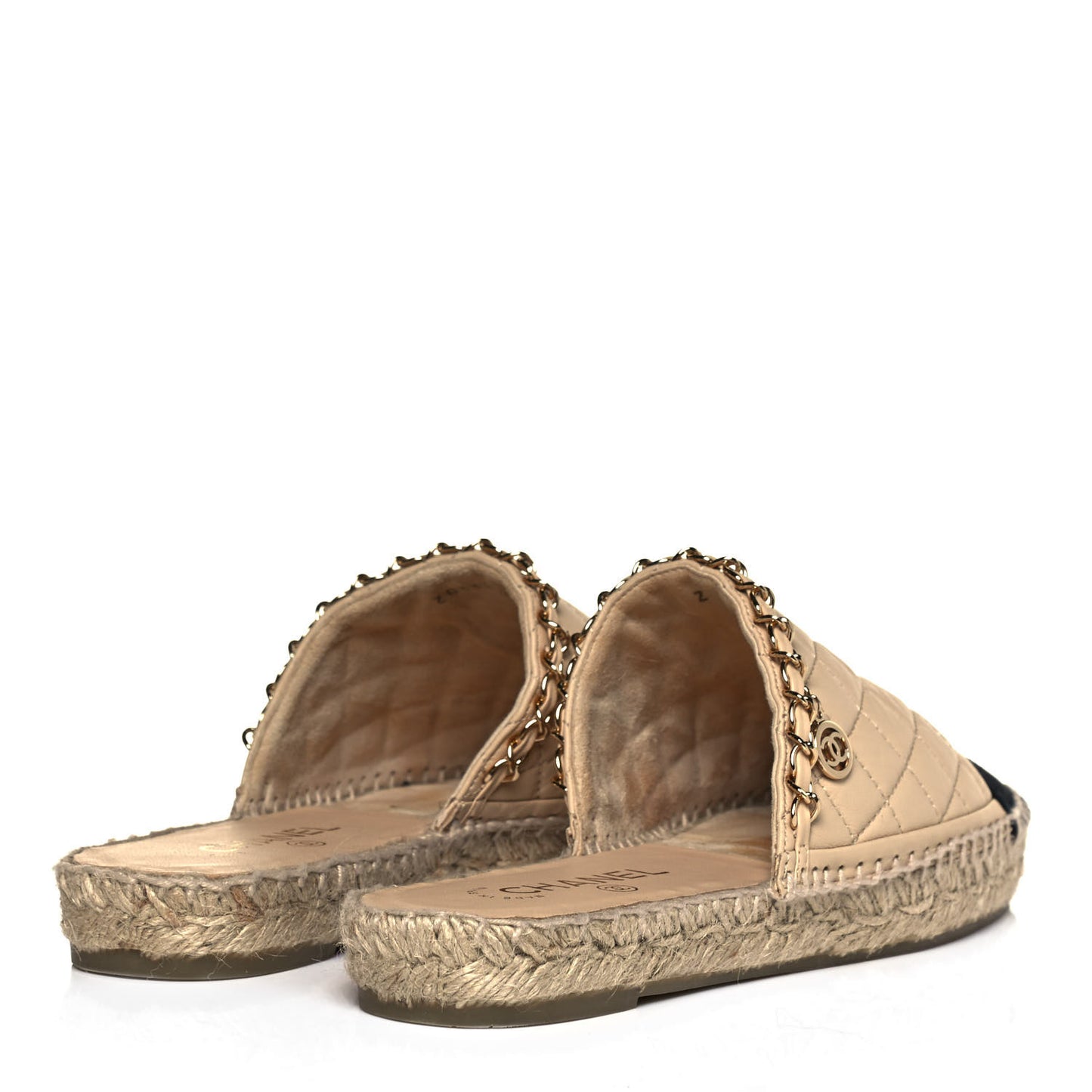 Lambskin Grosgrain Quilted CC Chain Espadrille Mules 39 Beige Black