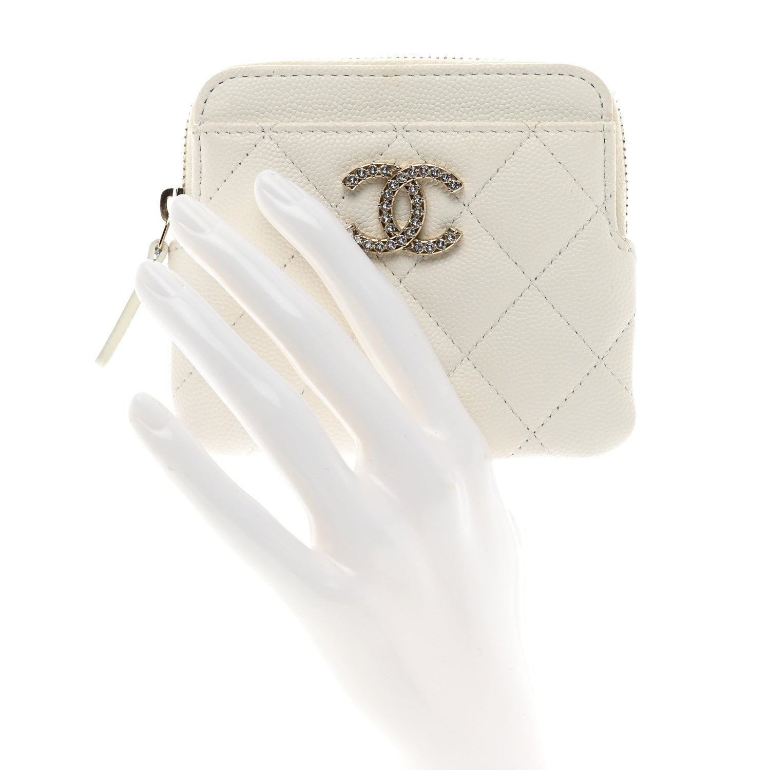 Chanel Caviar Quilted Crystal Zip Card Holder Wallet White 2 of 9