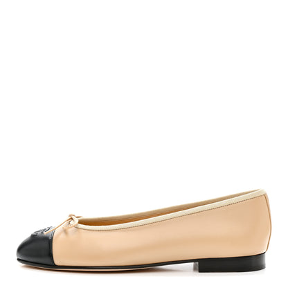 Chanel Lambskin Cap Toe CC Ballerina Flats 37.5 Beige Black 1 of 9
