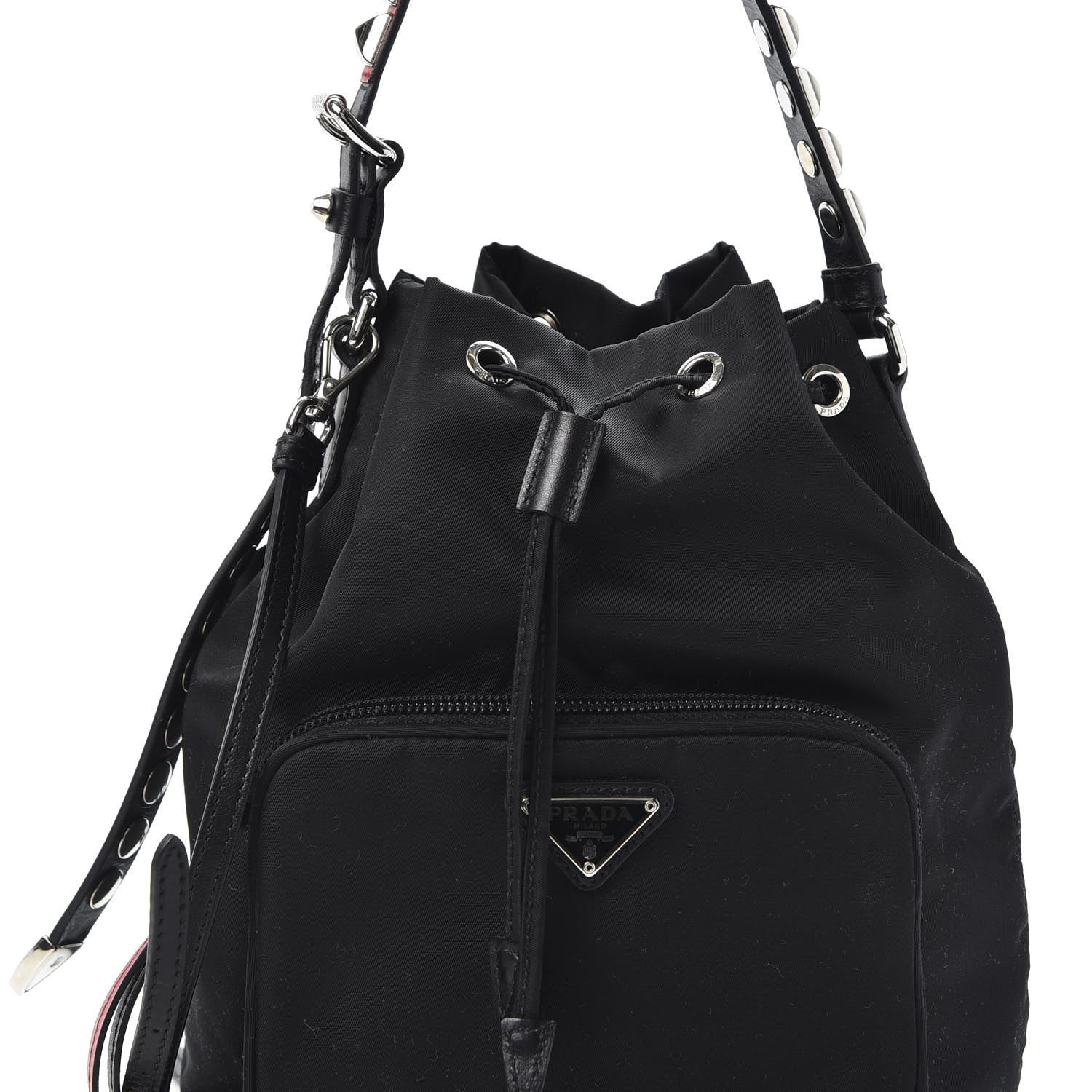 Prada Tessuto Nylon Studded New Vela Mini Bucket Crossbody Bag Black Fuoco 10 of 10