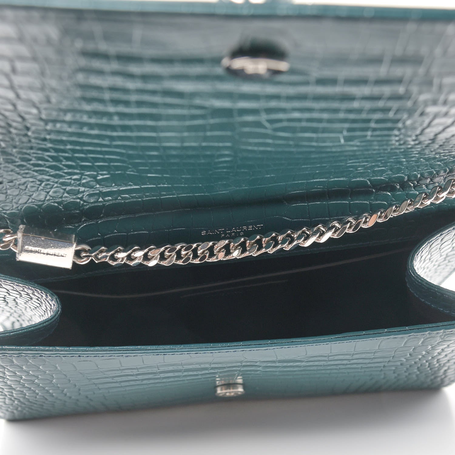 Saint Laurent Calfskin Crocodile Embossed Medium Classic Monogram Kate Tassel Satchel Dark Green 5 of 8