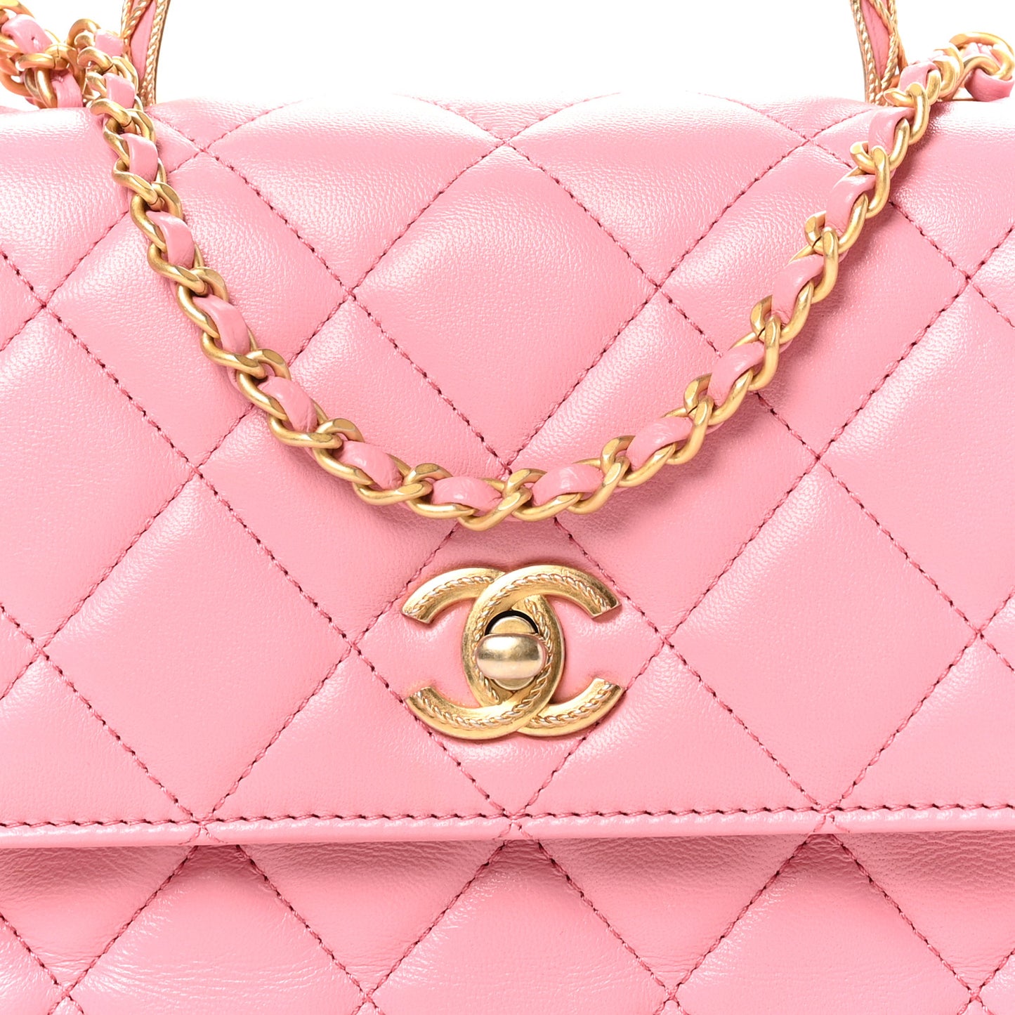 Lambskin Metal Quilted Twist Top Handle Flap With Chain Light Pink