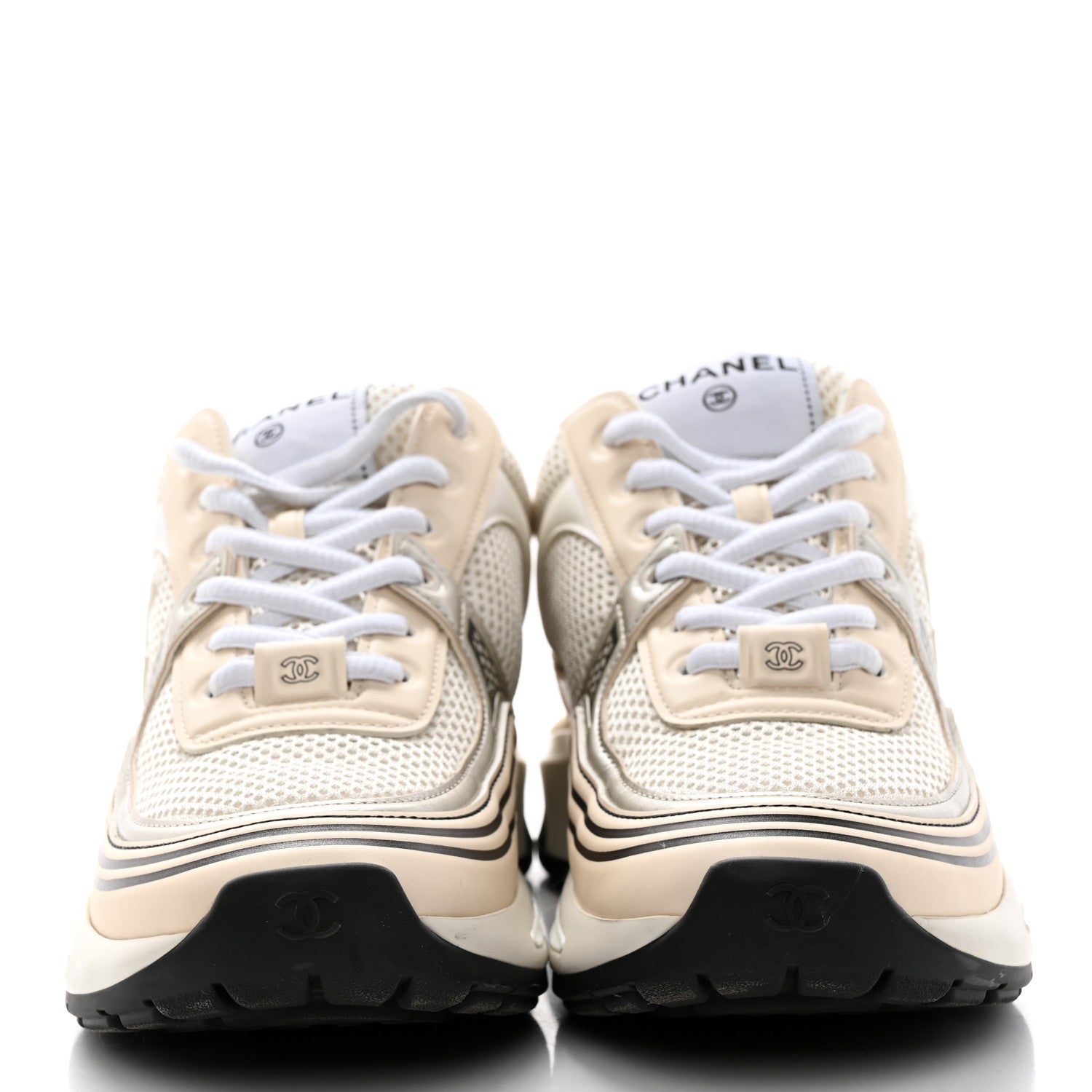 Chanel Fabric Laminated Calfskin Stretch CC Womens Sneakers 37 White Gold Silver 2 of 8