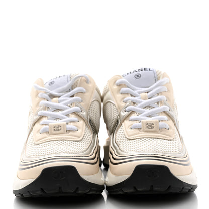 Chanel Fabric Laminated Calfskin Stretch CC Womens Sneakers 37 White Gold Silver 2 of 8