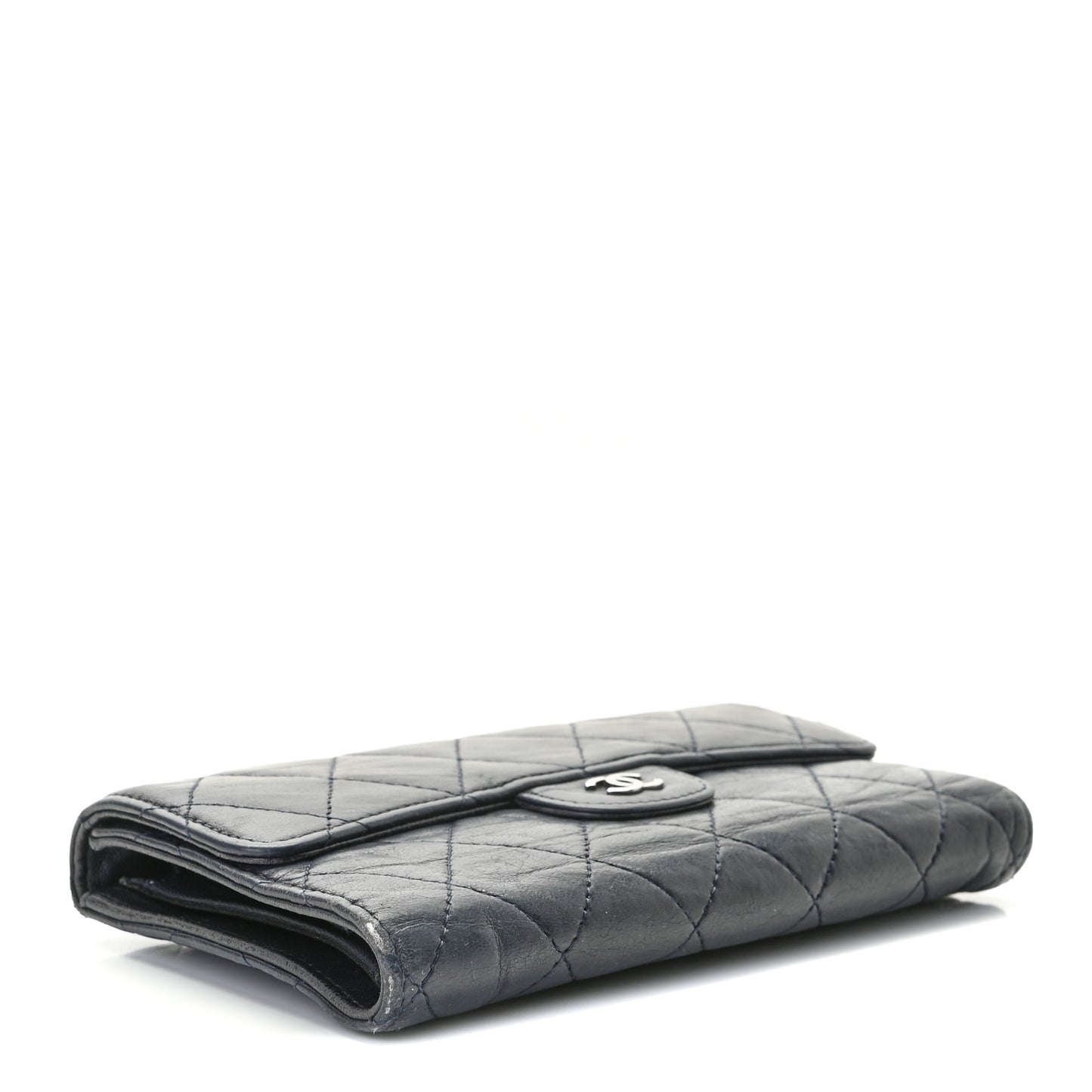 Lambskin Quilted Large Gusset Flap Wallet Navy