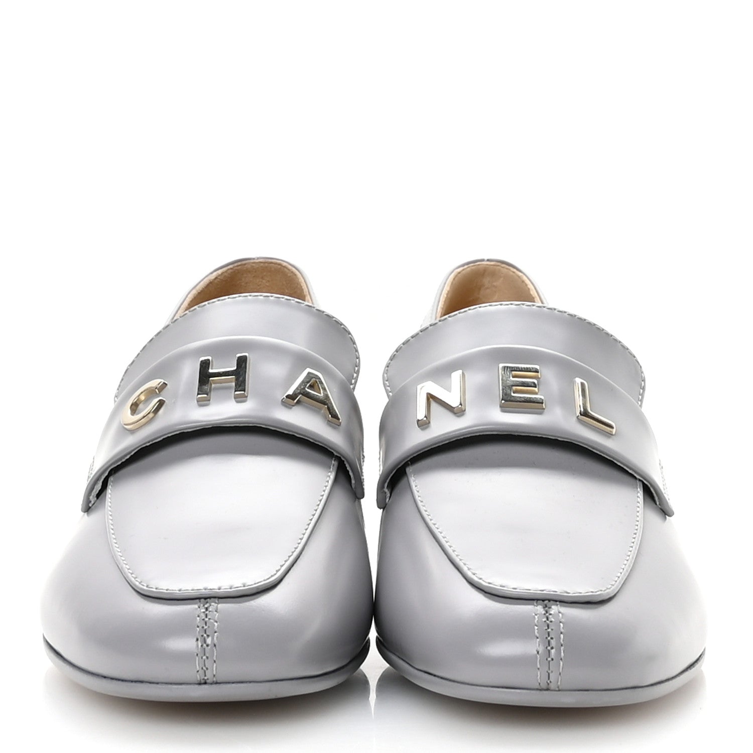 Chanel Shiny Calfskin Logo Loafers 37 Light Grey 3 of 10