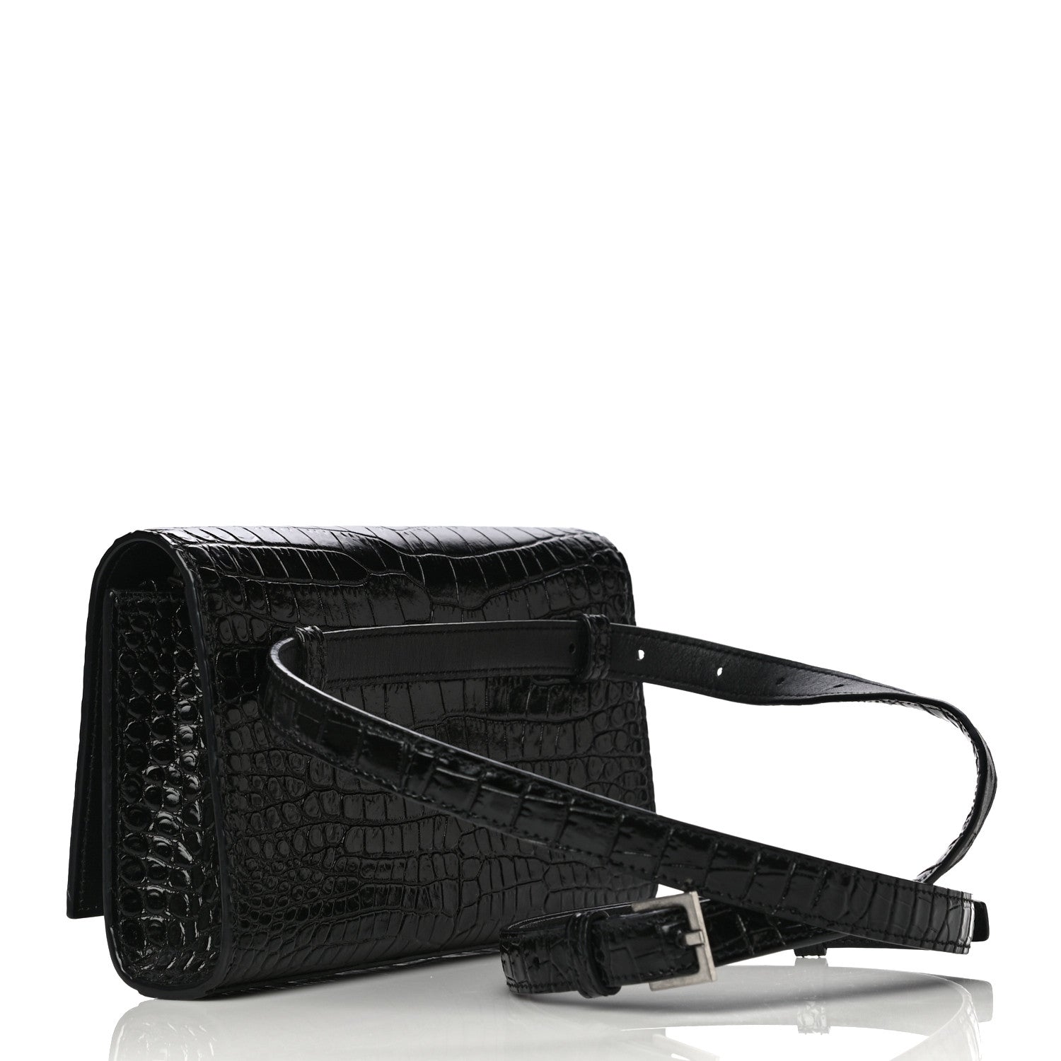 Saint Laurent Calfskin Crocodile Embossed Monogram Kate Belt Bag Black 3 of 20
