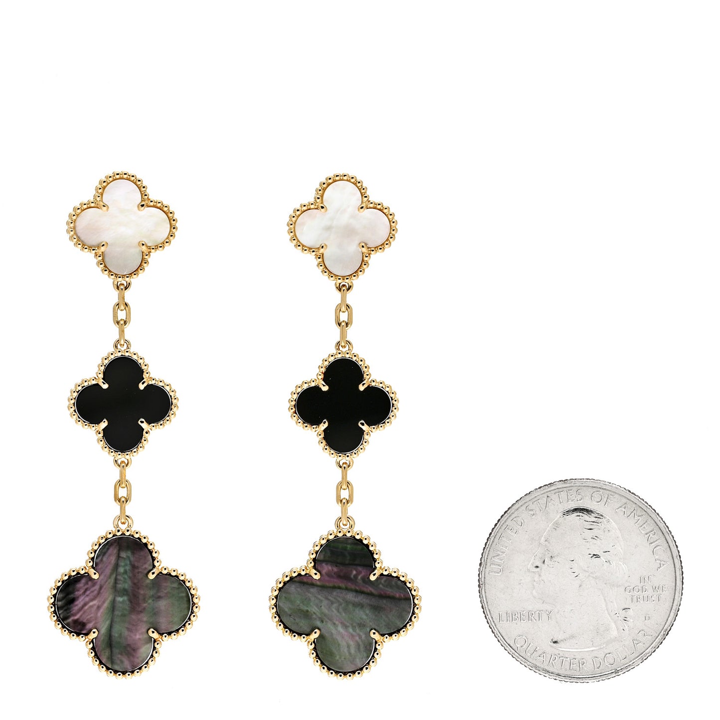 18K Yellow Gold Mother of Pearl Black Onyx 3 Motifs Magic Alhambra Earrings