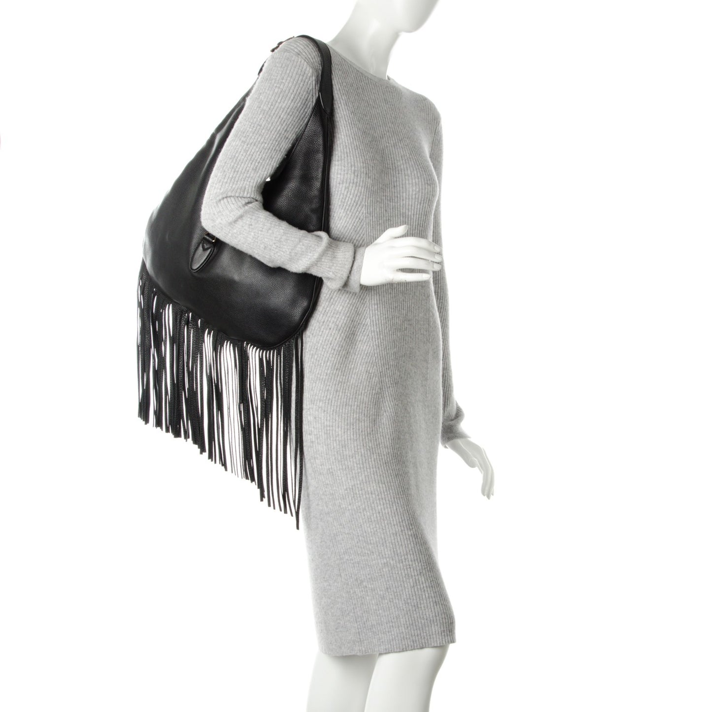 Grained Calfskin Large New Jackie Nouveau Fringe Hobo Black
