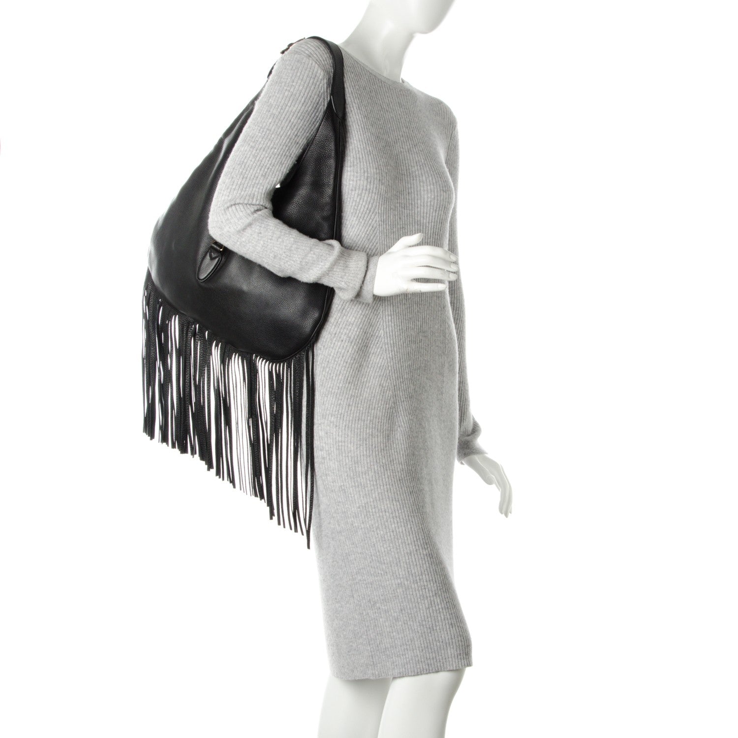 Gucci Grained Calfskin Large New Jackie Nouveau Fringe Hobo Black 2 of 7