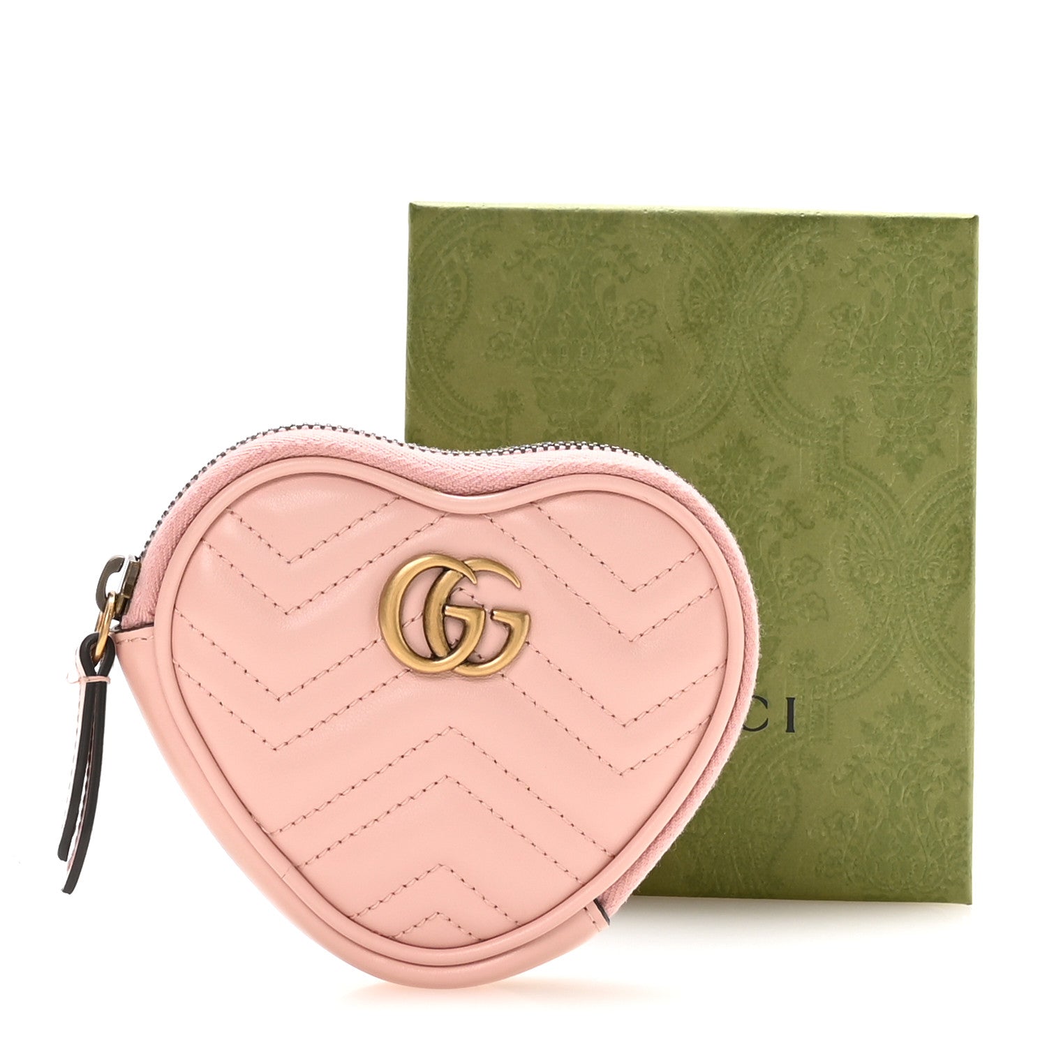Gucci Calfskin Matelasse Chevron GG Marmont Heart Coin Purse Perfect Pink 8 of 9