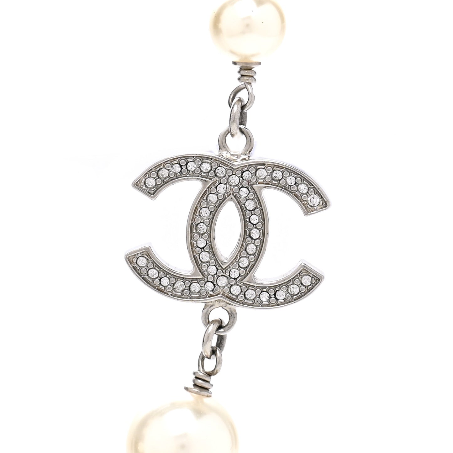 Graduated Pearl Crystal CC Long Necklace Silver