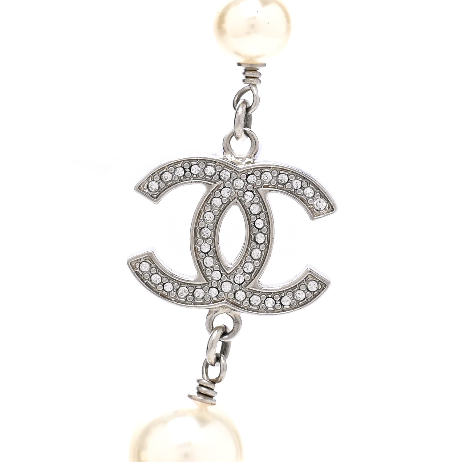 Chanel Graduated Pearl Crystal CC Long Necklace Silver 4 of 7