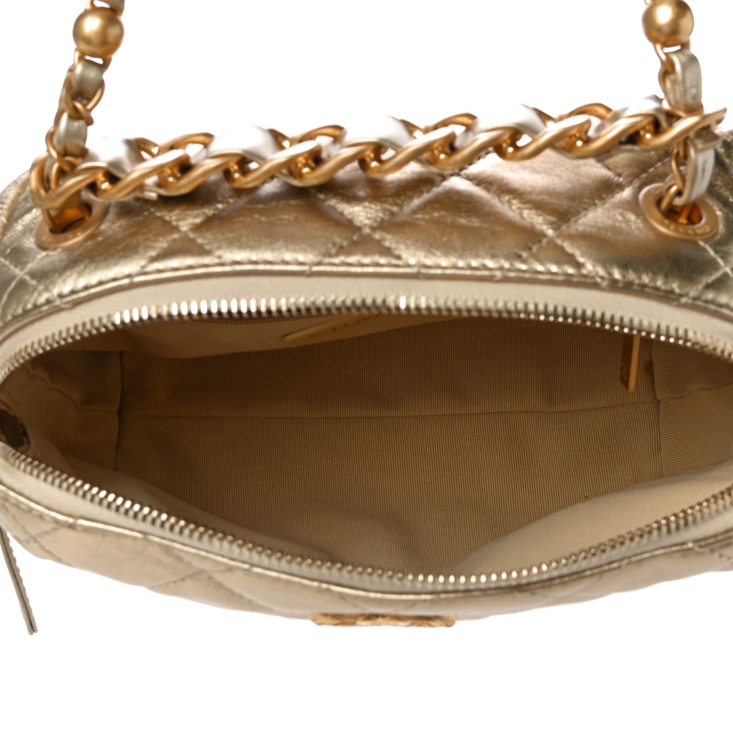 Metallic Lambskin Quilted Mini Bowling Bag Gold