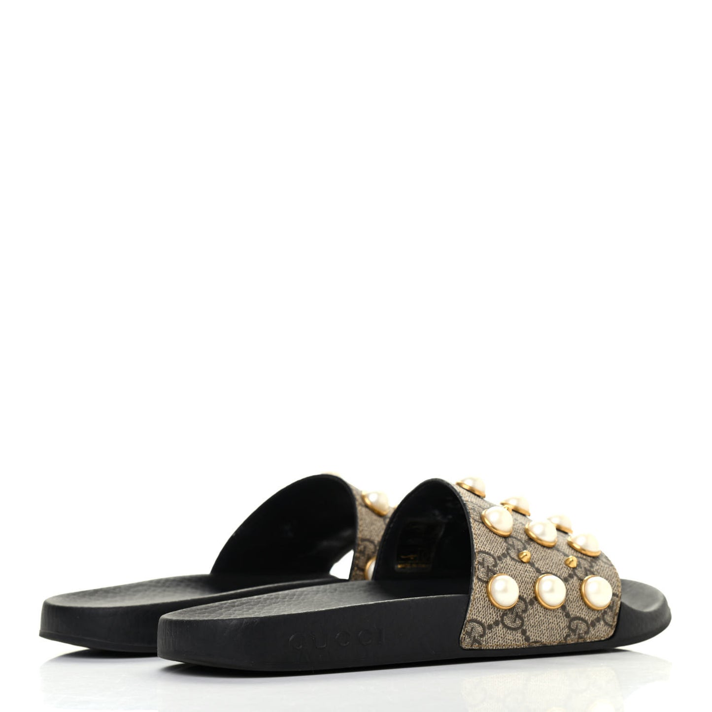 GG Supreme Monogram Slide Pearls Sandals 37 Beige