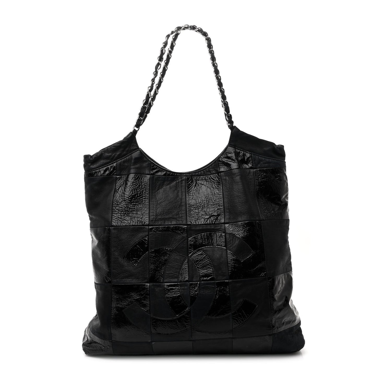 Patent Calfskin Patchwork Brooklyn Tote Black