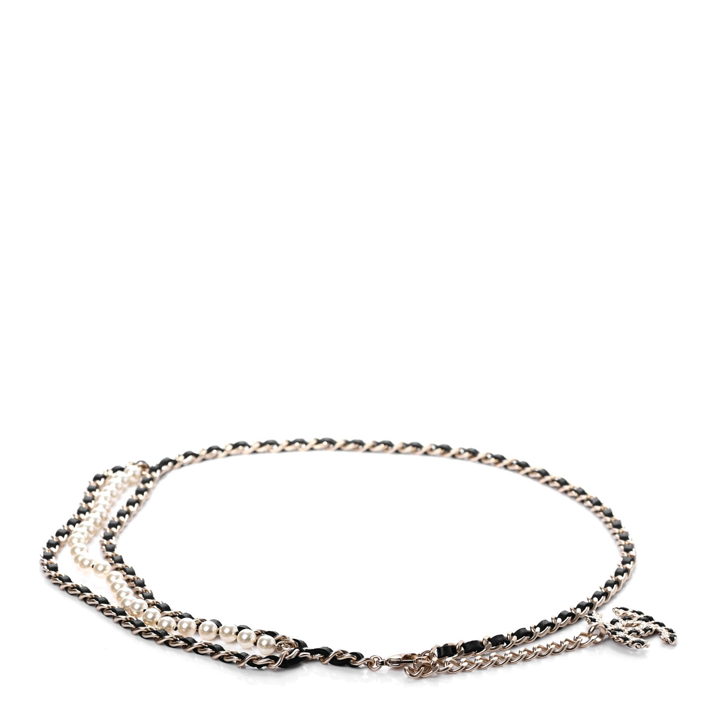 Lambskin Pearl Chain CC Fancy Belt Black Gold